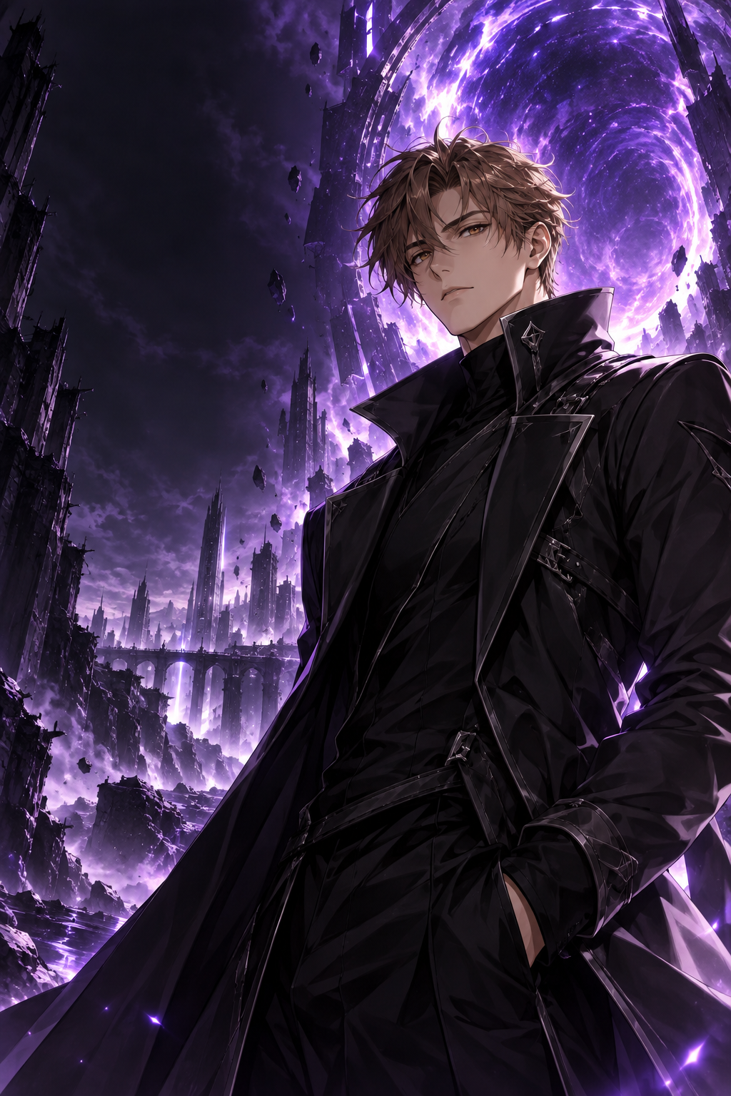 Omar, with tousled light brown hair and a black coat, stands before a towering violet portal.